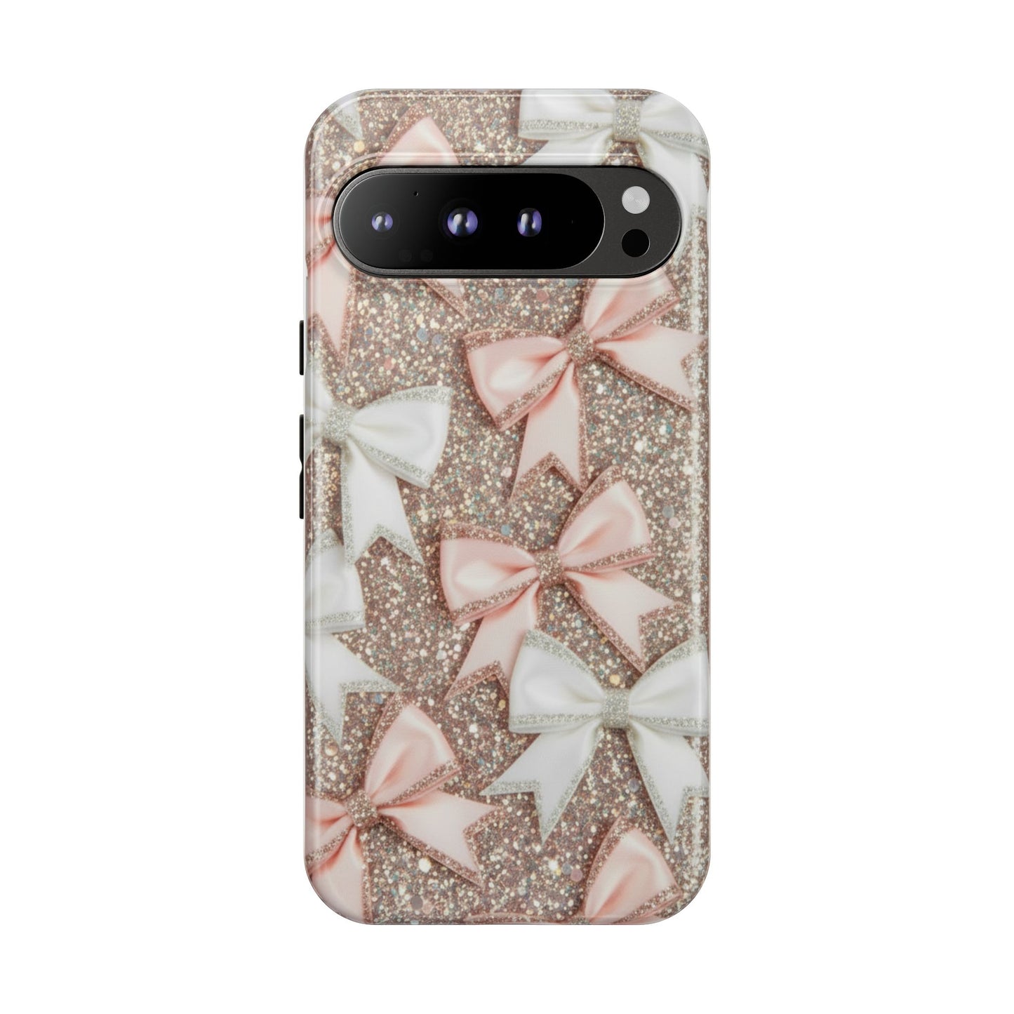 Glitter Bow Tough Phone Case — Pink & White Ribbon Protective Cover