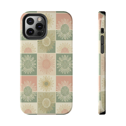 Sunflower Check iPhone Tough Phone Case — Retro Pastel Floral Protective Cover