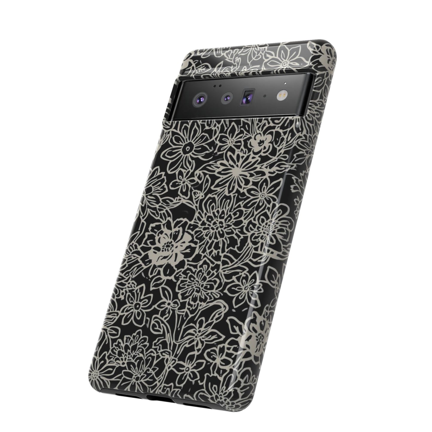 Floral Doodle Tough Phone Case — Black & White Sketch Flower Protective Cover