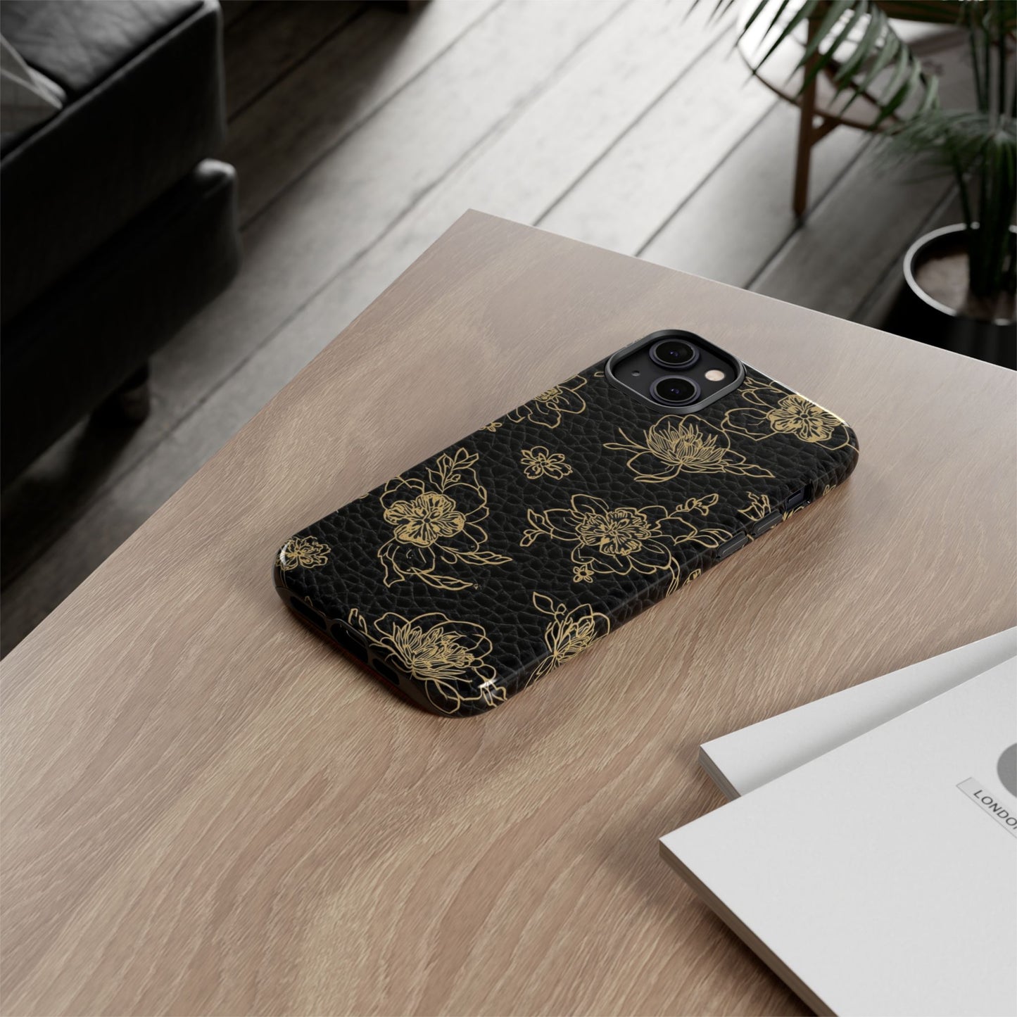 Floral Leather Phone Case — Gold Outline Flowers on Black Tough Case