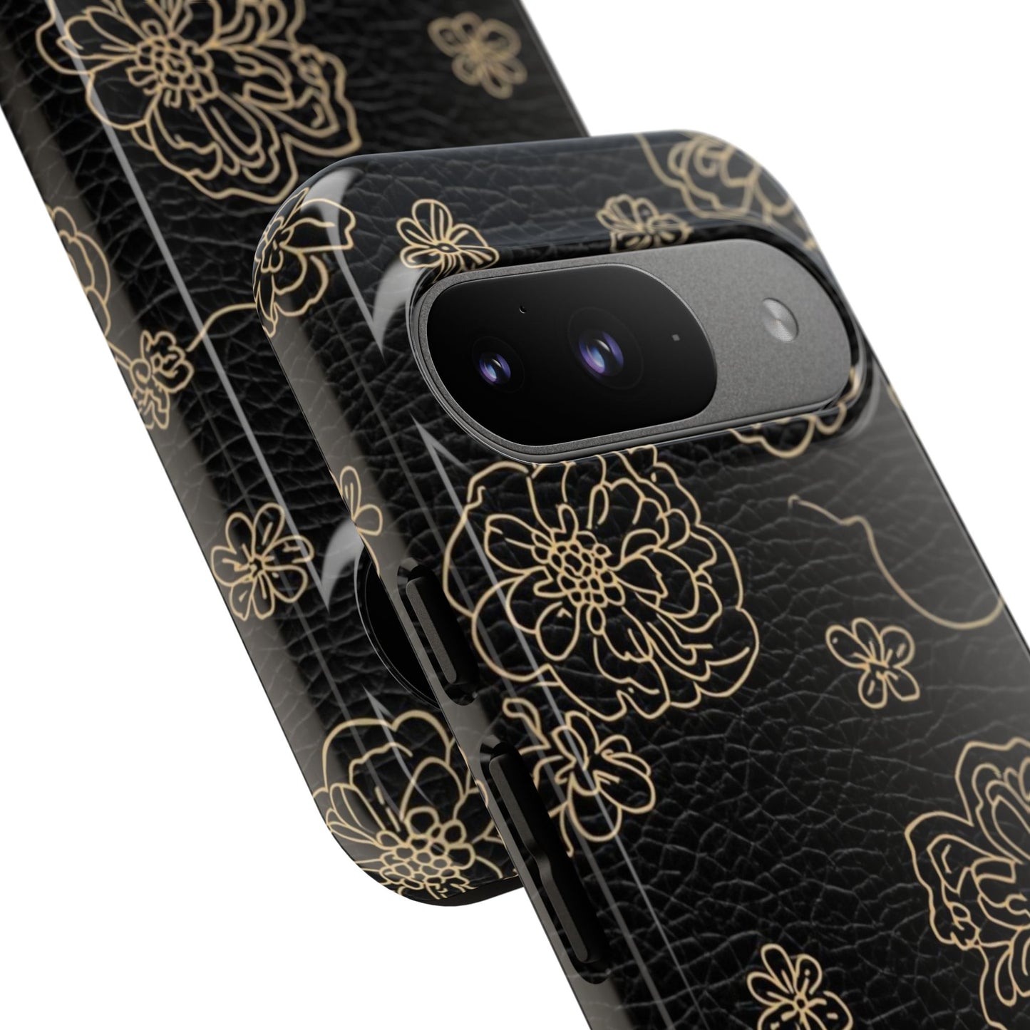 Floral Leather-Texture Tough Case – Black Gold Outline Phone Cover