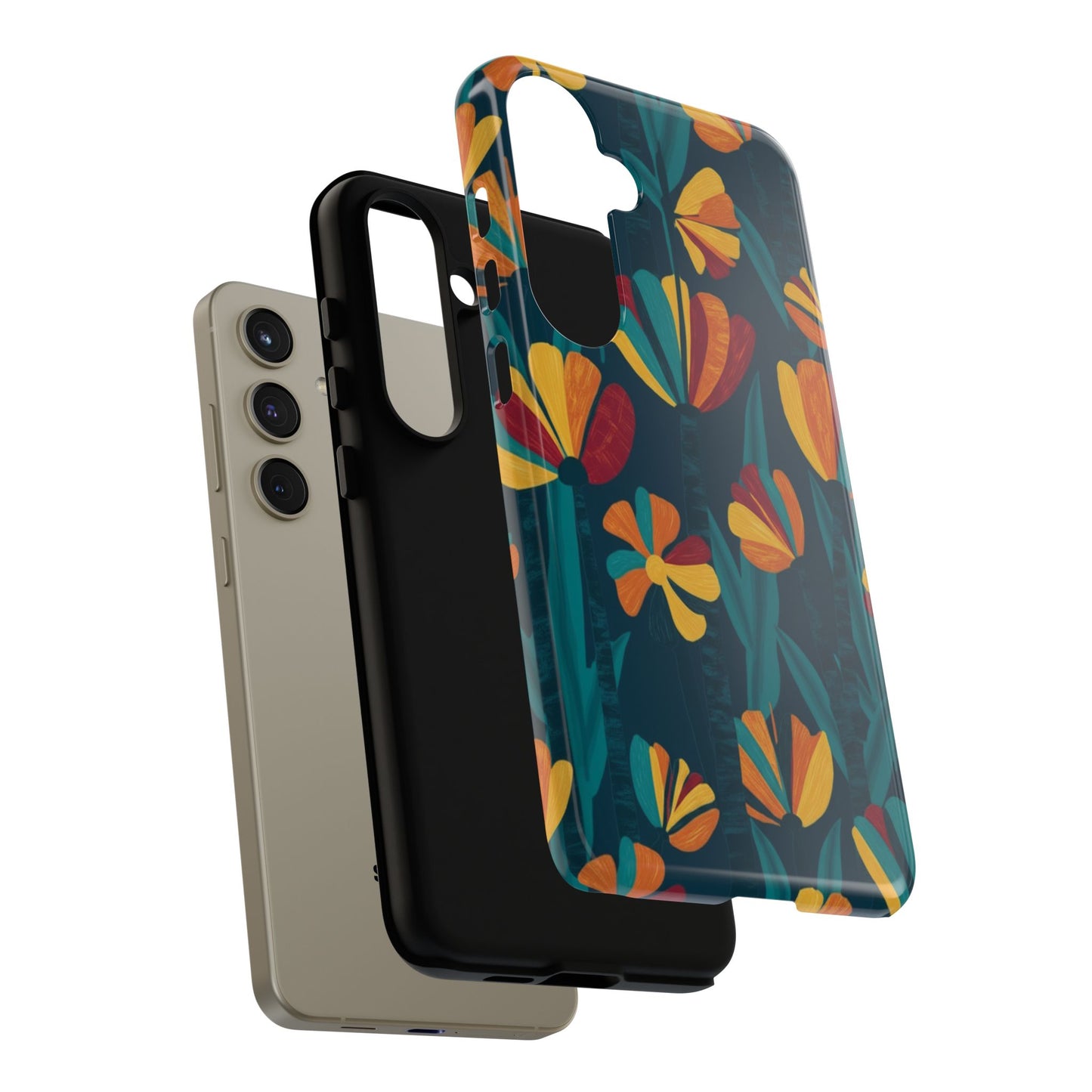 Floral Retro Teal Tough Phone Case — Vibrant Orange & Mustard Blooms