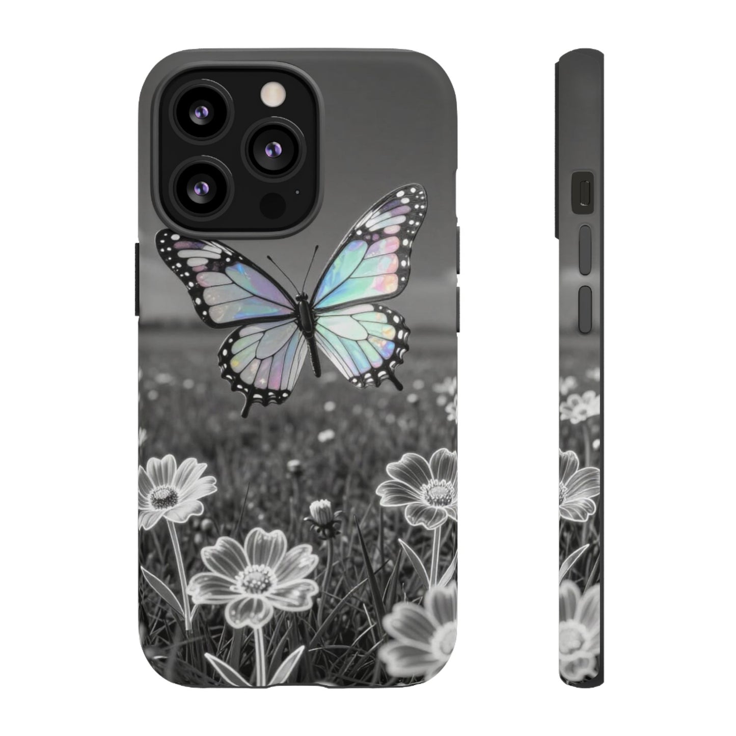 Butterfly Field Tough Phone Case — Pastel Holographic Butterfly on Black & White Floral Background