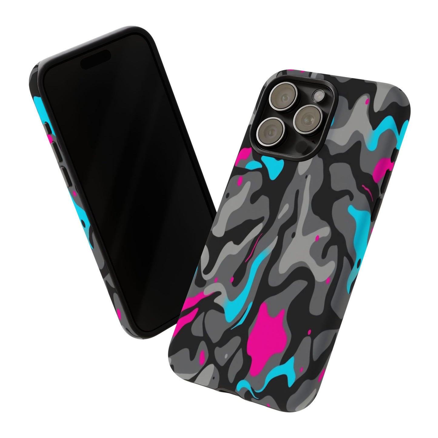 Camouflage Phone Case — Gray Camo with Neon Pink & Cyan Accent Tough Protective Cover