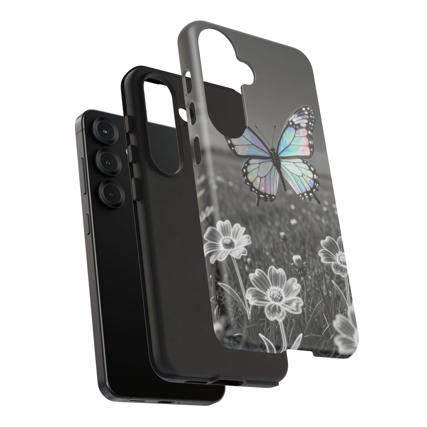 Butterfly Field Tough Phone Case — Pastel Holographic Butterfly on Black & White Floral Background