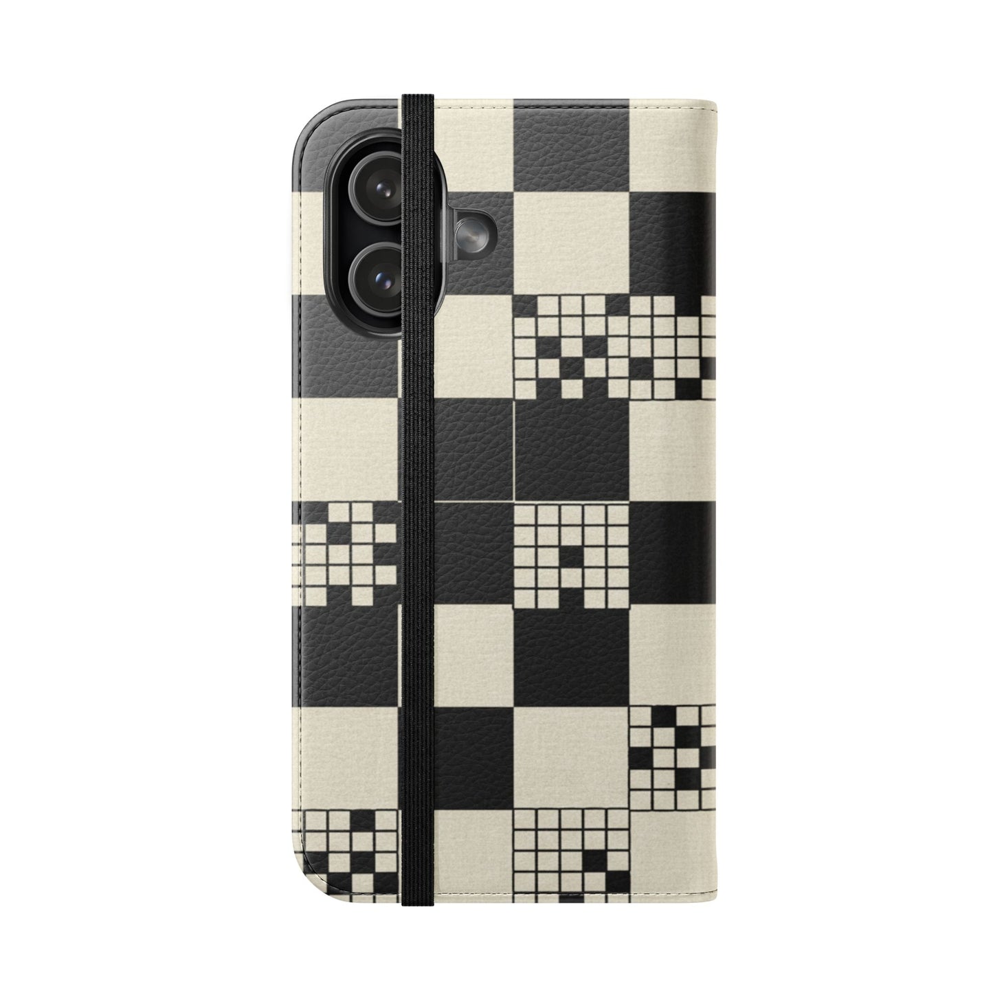 Checkerboard Flip Phone Case – Retro Black & Cream Geometric Wallet Case