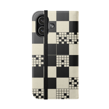 Checkerboard Flip Phone Case – Retro Black & Cream Geometric Wallet Case