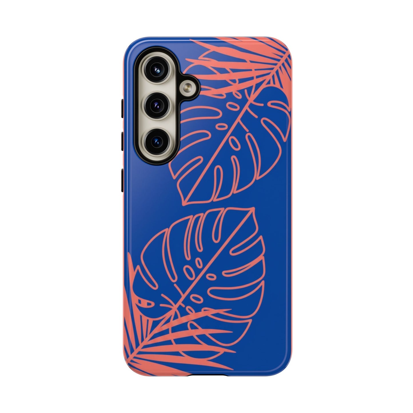 Tropical Monstera Phone Case — Blue & Coral Leaf Protective Cover
