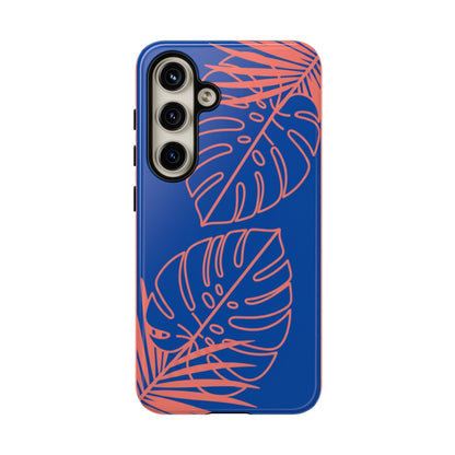 Tropical Monstera Phone Case — Blue & Coral Leaf Protective Cover