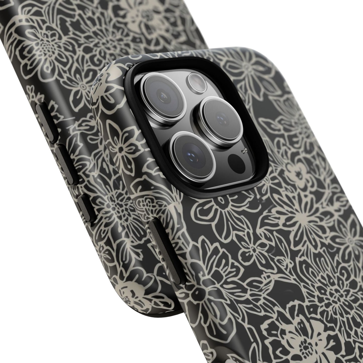 Floral Doodle Tough Phone Case — Black & White Sketch Flower Protective Cover