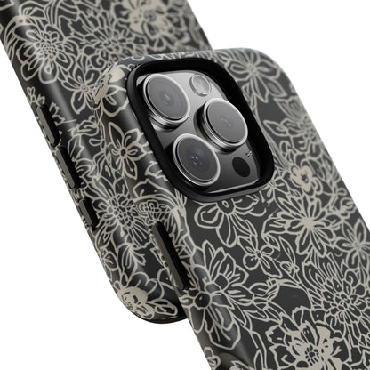 Floral Doodle Tough Phone Case — Black & White Sketch Flower Protective Cover