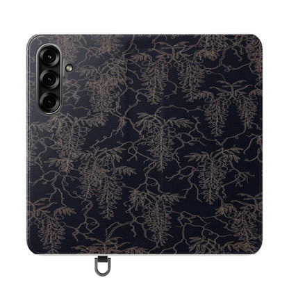 Botanical Noir Flip Phone Case — Dark Floral Wallet Cover with Card Slots