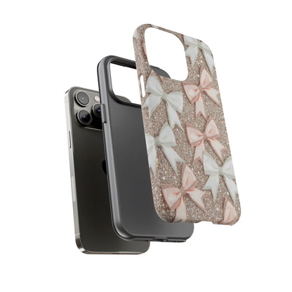 Glitter Bow Tough Phone Case — Pink & White Ribbon Protective Cover