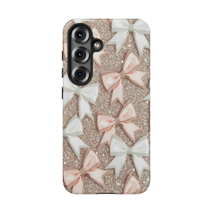Glitter Bow Tough Phone Case — Pink & White Ribbon Protective Cover