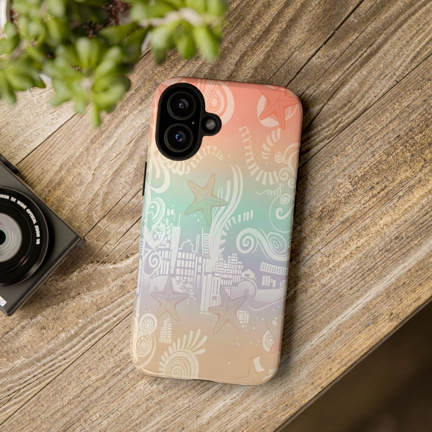 Tough Cases: Pastel Beach Pattern Phone Case — Starfish & Coastal Cityscape Protective Cover
