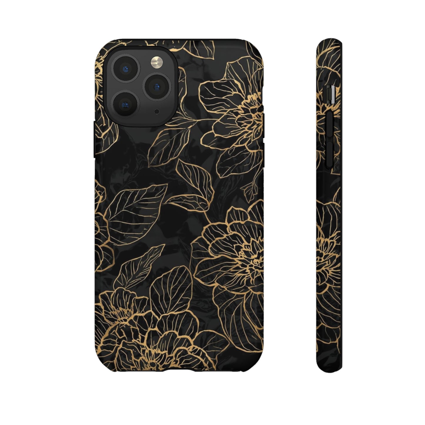 Floral Gold Outline Tough Phone Case – Black Botanical Protective Cover