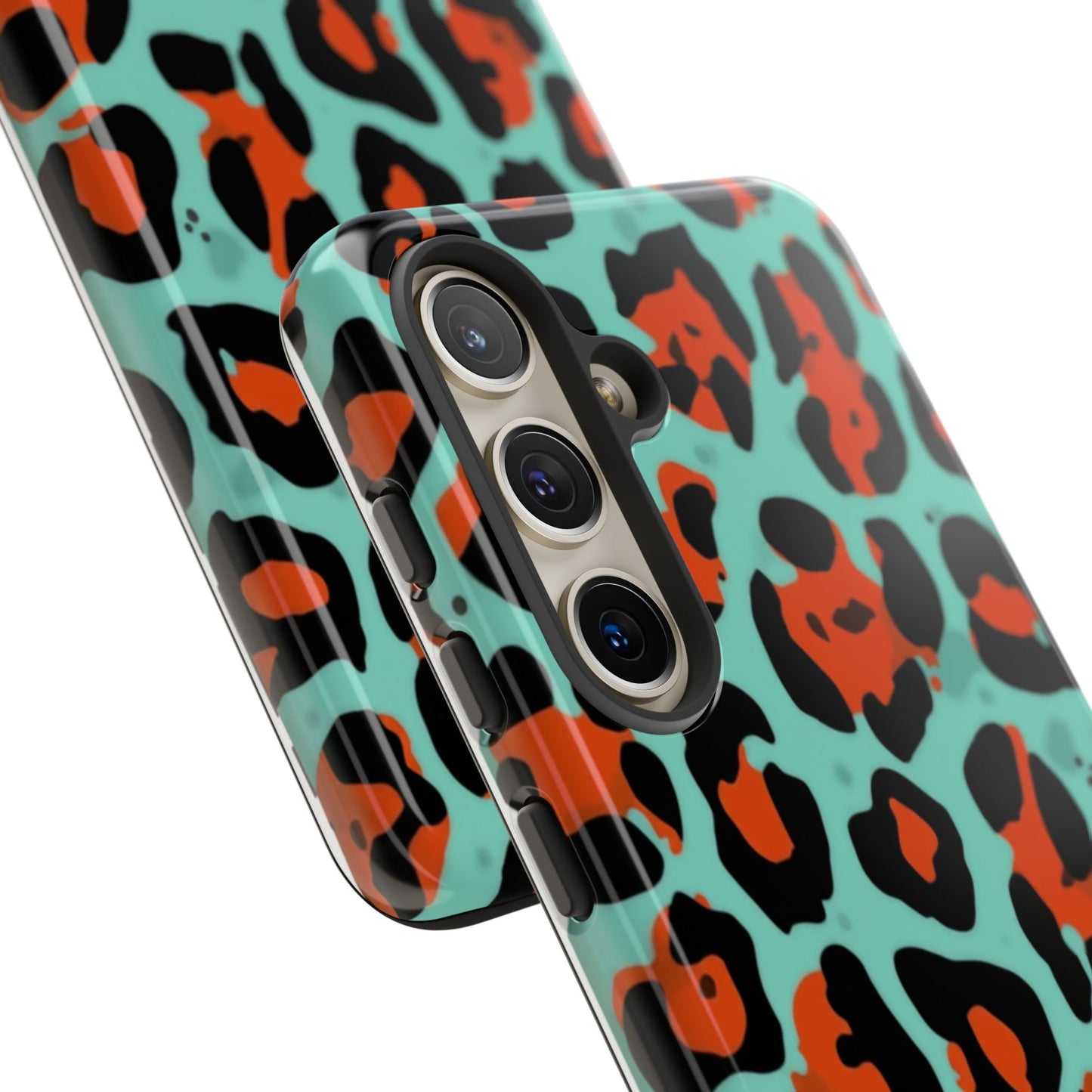 Leopard Print Tough Phone Case — Teal & Rust Protective iPhone Cover