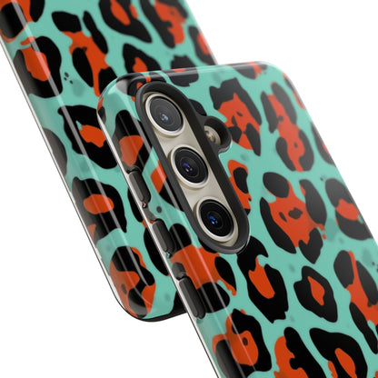 Leopard Print Tough Phone Case — Teal & Rust Protective iPhone Cover