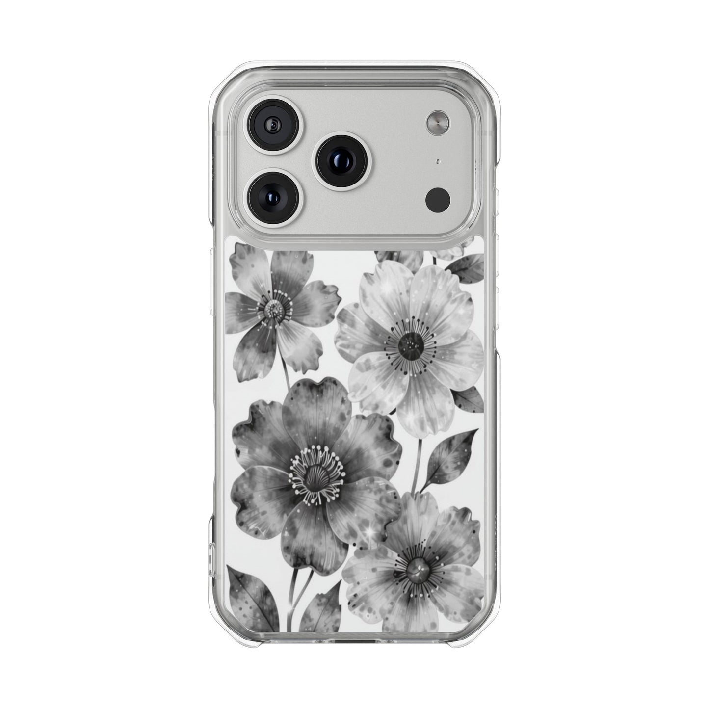 Clear Magnetic Phone Case — Black & White Watercolor Floral Design
