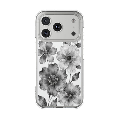 Clear Magnetic Phone Case — Black & White Watercolor Floral Design