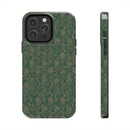 Vintage Floral Tough Phone Case — Green Damask Protective Cover