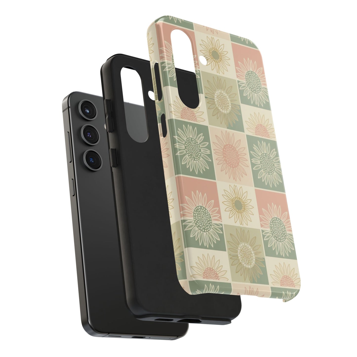 Sunflower Check iPhone Tough Phone Case — Retro Pastel Floral Protective Cover