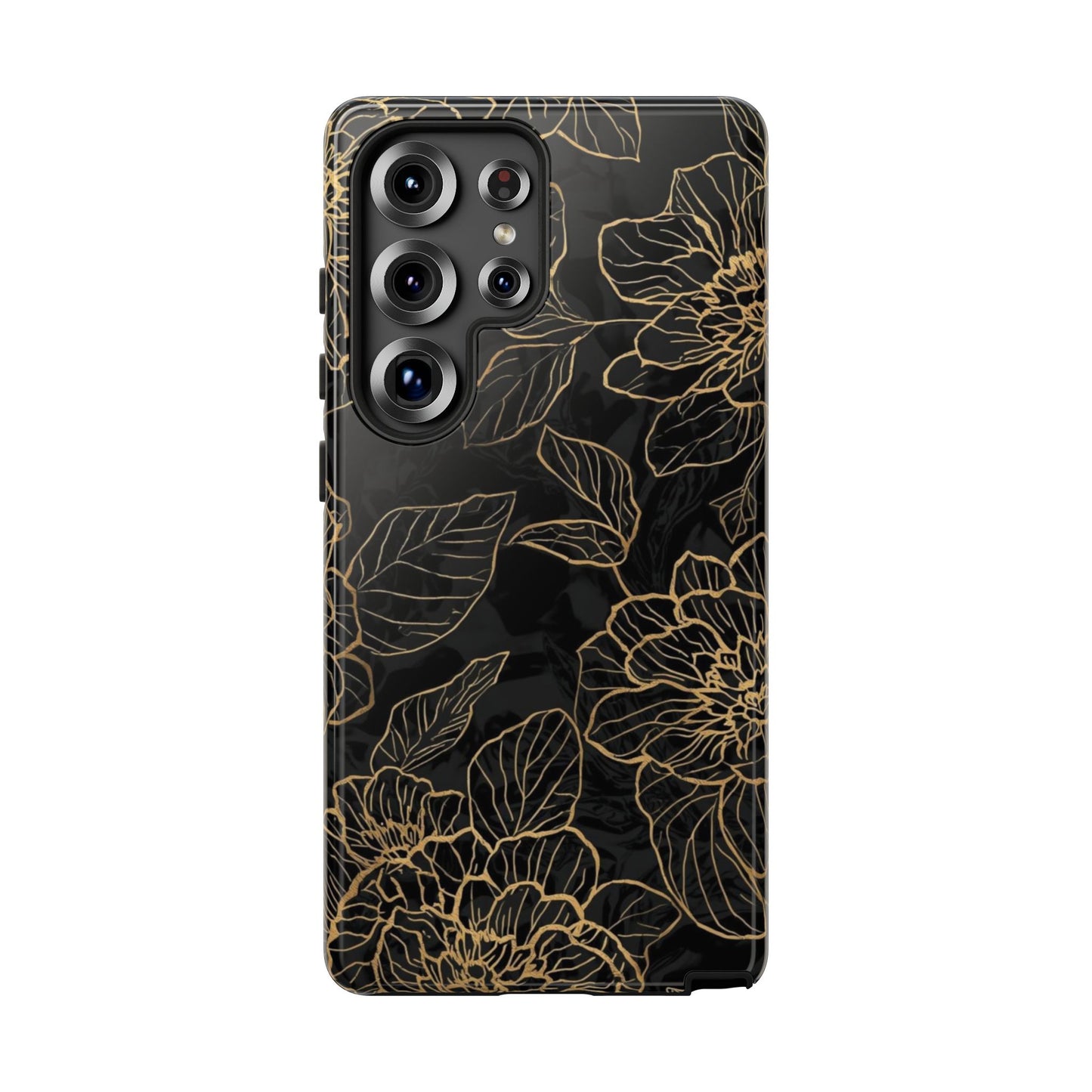 Floral Gold Outline Tough Phone Case – Black Botanical Protective Cover