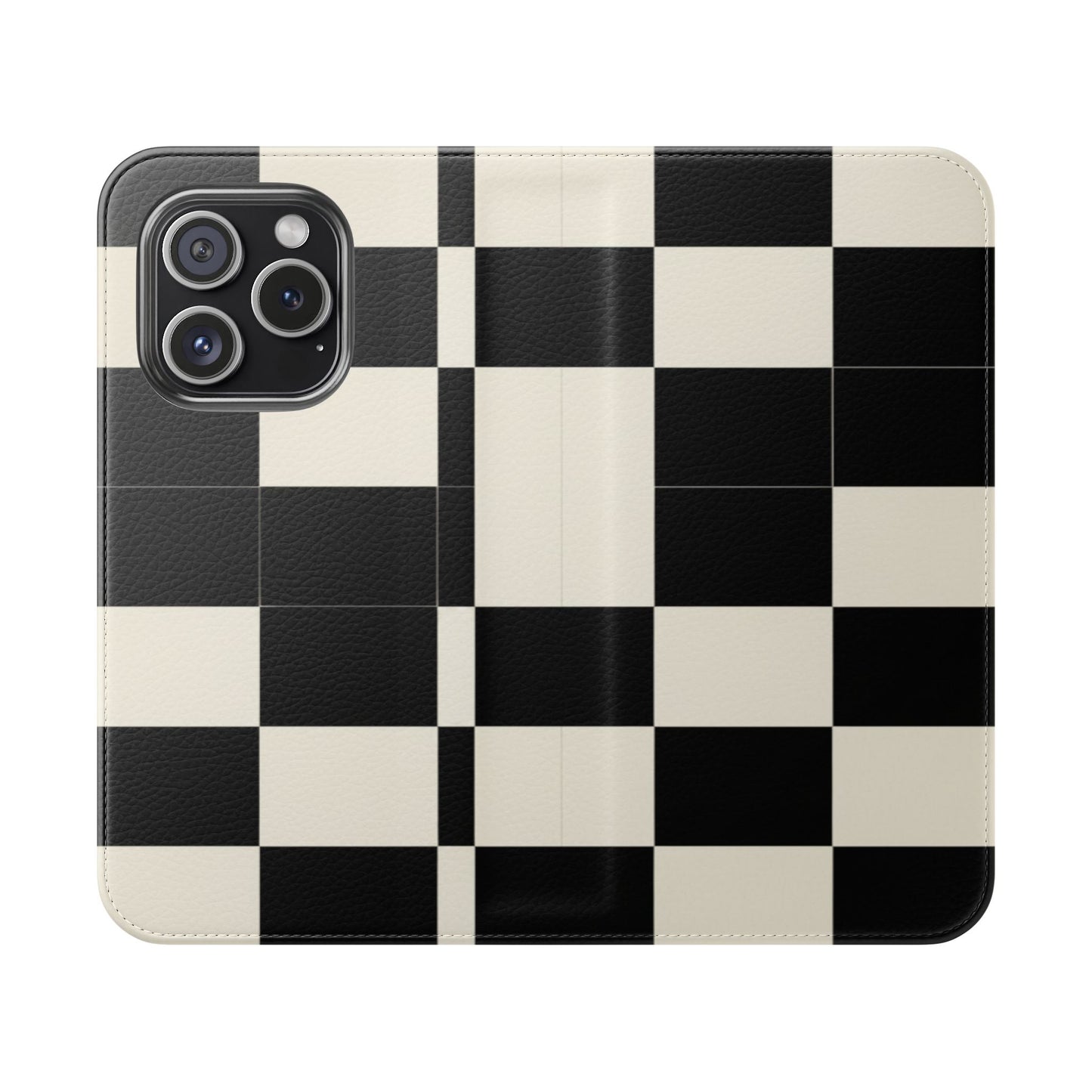 Checkered Flip Phone Case – Black & Cream Retro Grid Wallet Case