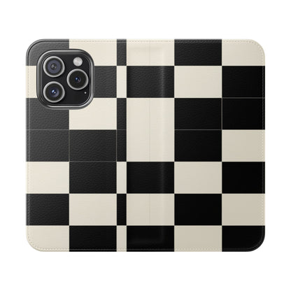 Checkered Flip Phone Case – Black & Cream Retro Grid Wallet Case