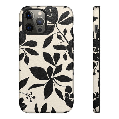 Black Floral Pattern Phone Case — Monochrome Botanical Tough Case