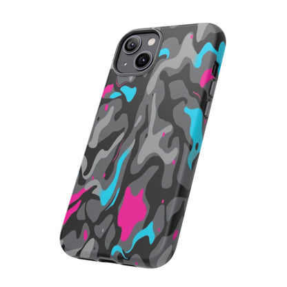 Camouflage Phone Case — Gray Camo with Neon Pink & Cyan Accent Tough Protective Cover