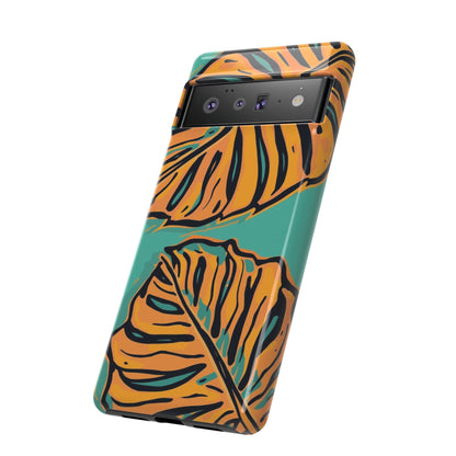 Tropical Leaf Tough Phone Case — Orange Monstera Design on Teal
