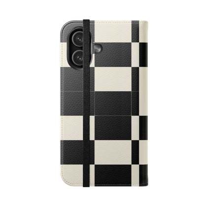 Checkered Flip Phone Case – Black & Cream Retro Grid Wallet Case
