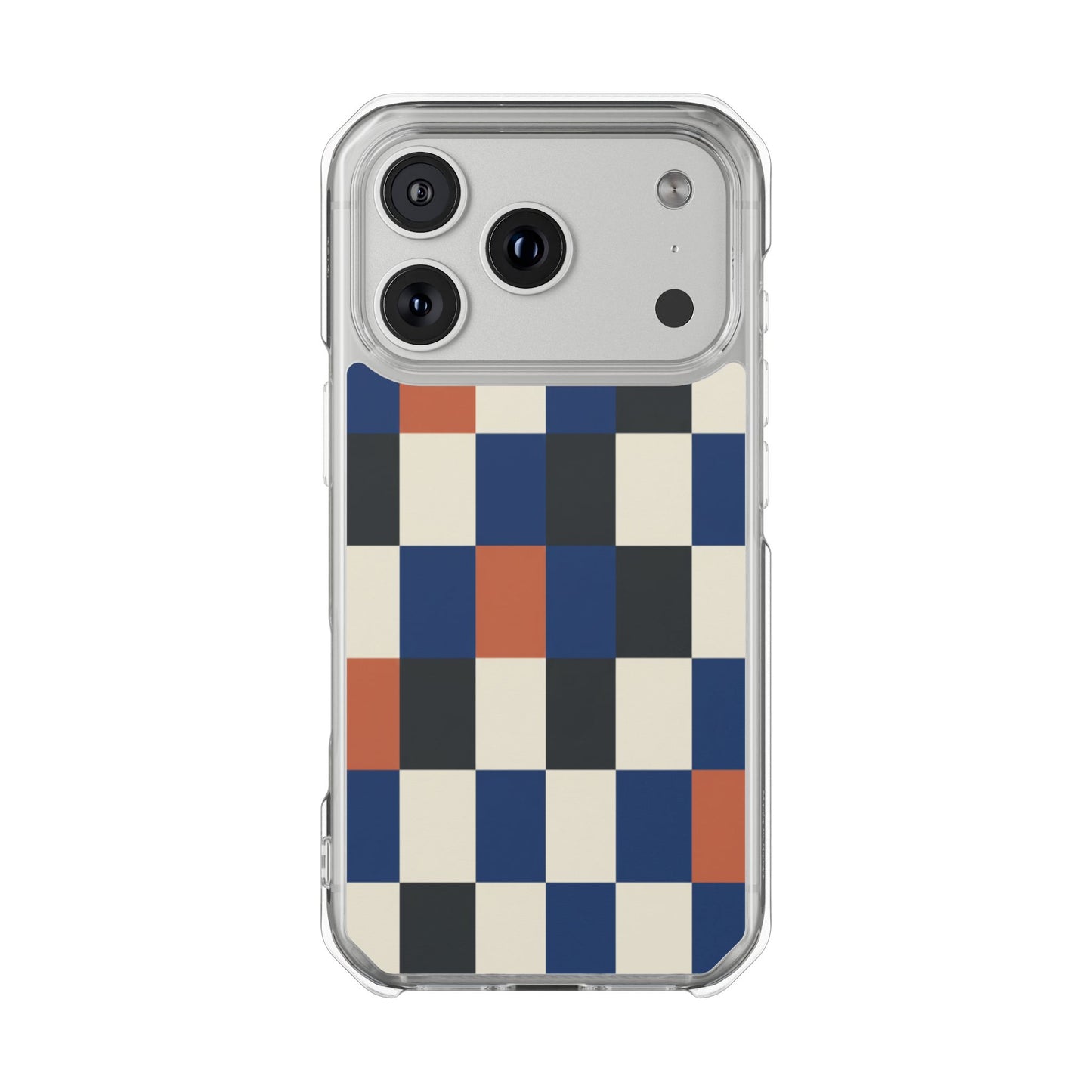 Clear Magnetic Phone Case — Retro Checkerboard Pattern (Blue, Black & Rust)