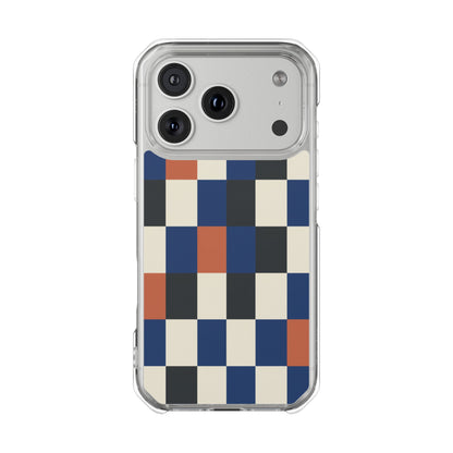 Clear Magnetic Phone Case — Retro Checkerboard Pattern (Blue, Black & Rust)