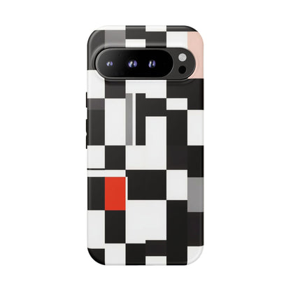 Abstract Geometric Phone Case – Black & White Checker Grid with Red Accent