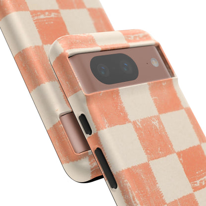 Peach Checkerboard Tough Phone Case — Retro Distressed Grid Design