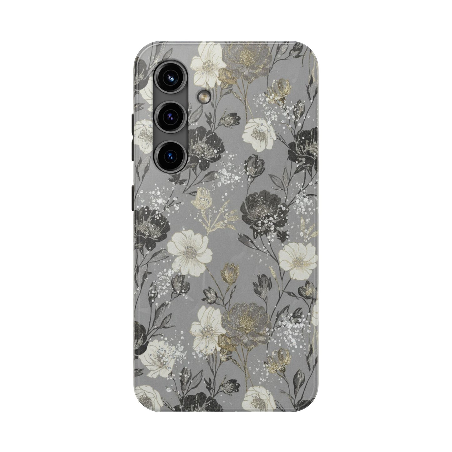 Floral Gray Tough Phone Case — Elegant Protective Phone Cover with Gold Accent