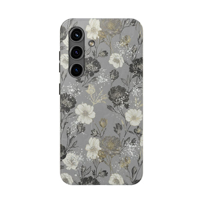Floral Gray Tough Phone Case — Elegant Protective Phone Cover with Gold Accent