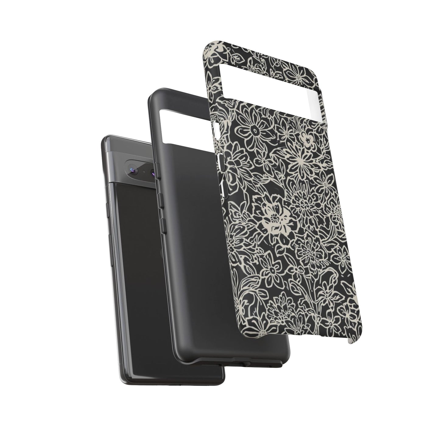 Floral Doodle Tough Phone Case — Black & White Sketch Flower Protective Cover