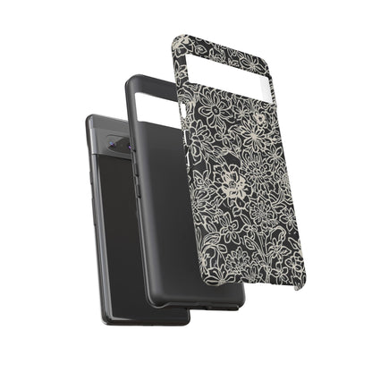 Floral Doodle Tough Phone Case — Black & White Sketch Flower Protective Cover