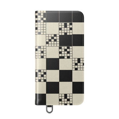 Checkerboard Flip Phone Case – Retro Black & Cream Geometric Wallet Case