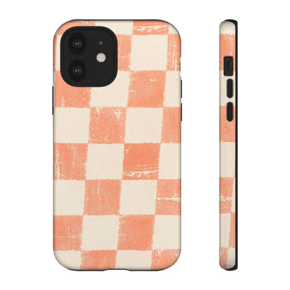Peach Checkerboard Tough Phone Case — Retro Distressed Grid Design