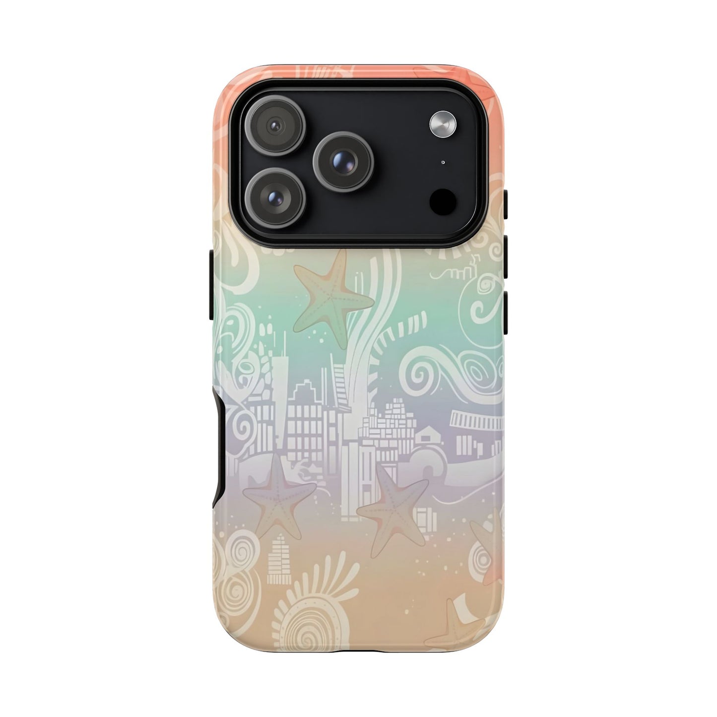 Tough Cases: Pastel Beach Pattern Phone Case — Starfish & Coastal Cityscape Protective Cover