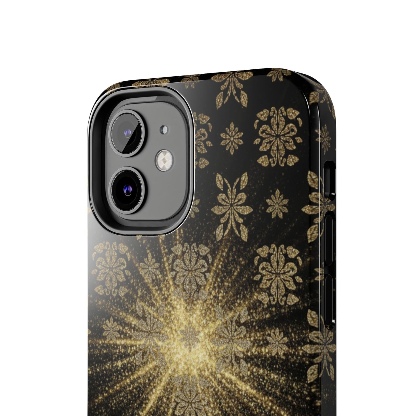 Glitter Burst Tough Phone Case — Black & Gold Floral Protective Cover