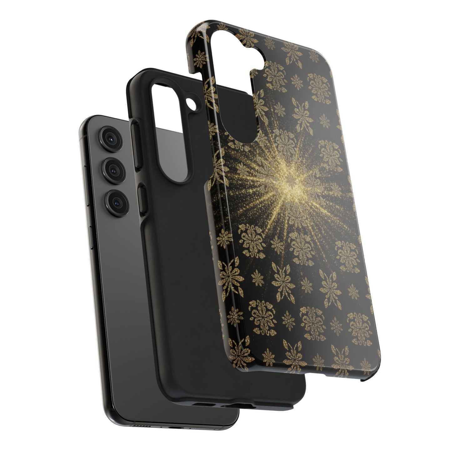 Glitter Burst Tough Phone Case — Black & Gold Floral Protective Cover