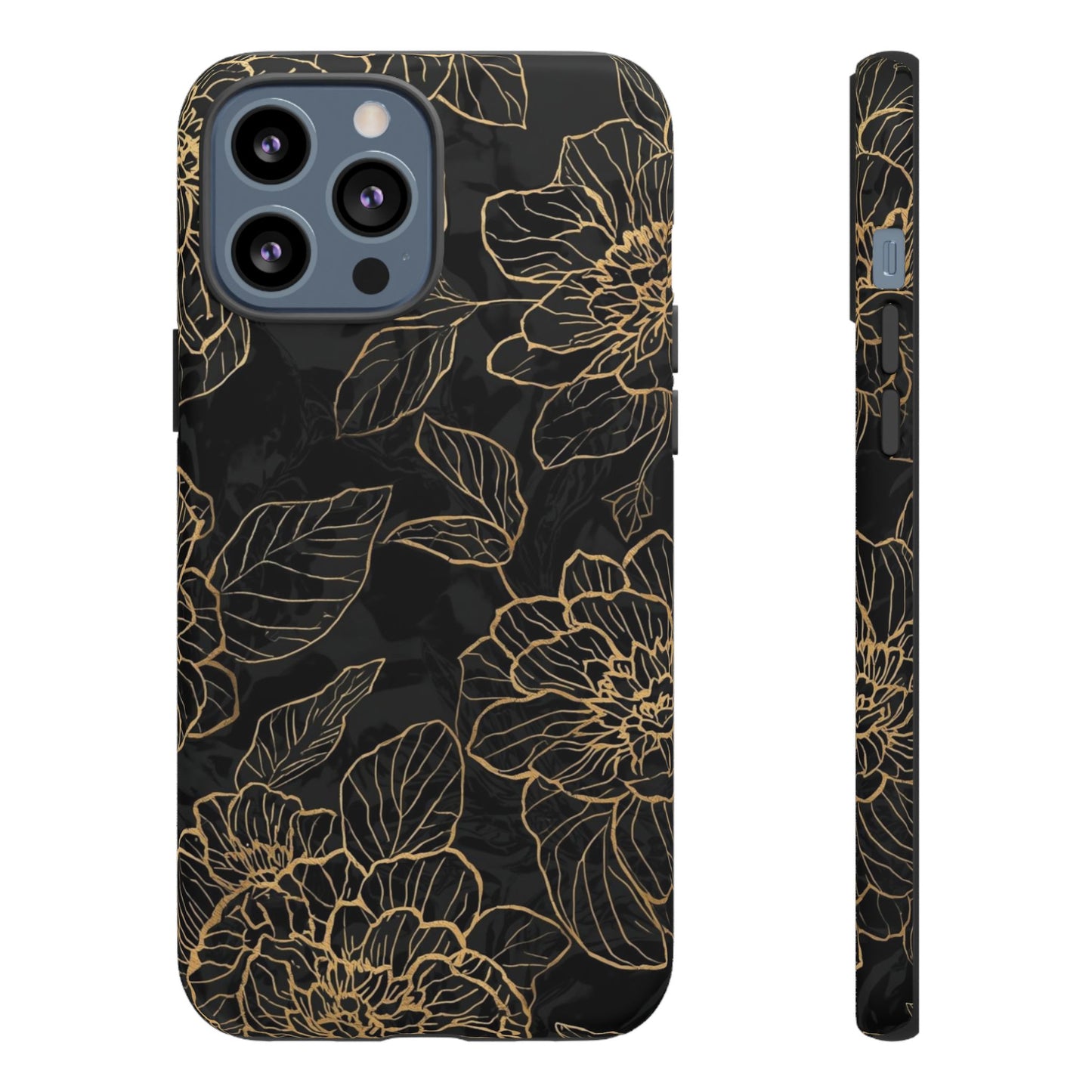 Floral Gold Outline Tough Phone Case – Black Botanical Protective Cover