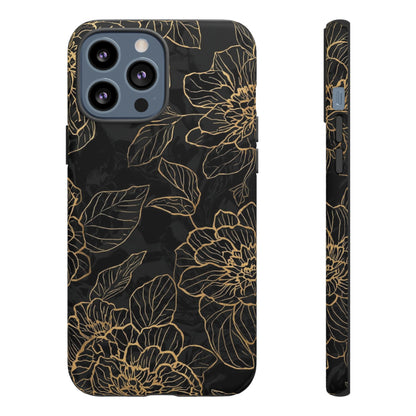 Floral Gold Outline Tough Phone Case – Black Botanical Protective Cover