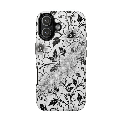 Floral Lace Phone Case — Black & White Vintage Flower Protective Case