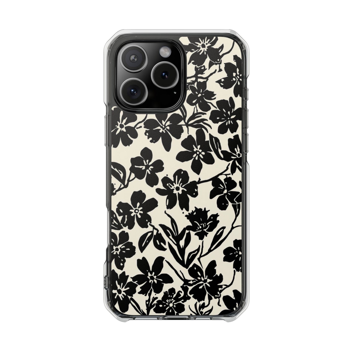 Clear Magnetic Phone Case — Black Floral Silhouette Design